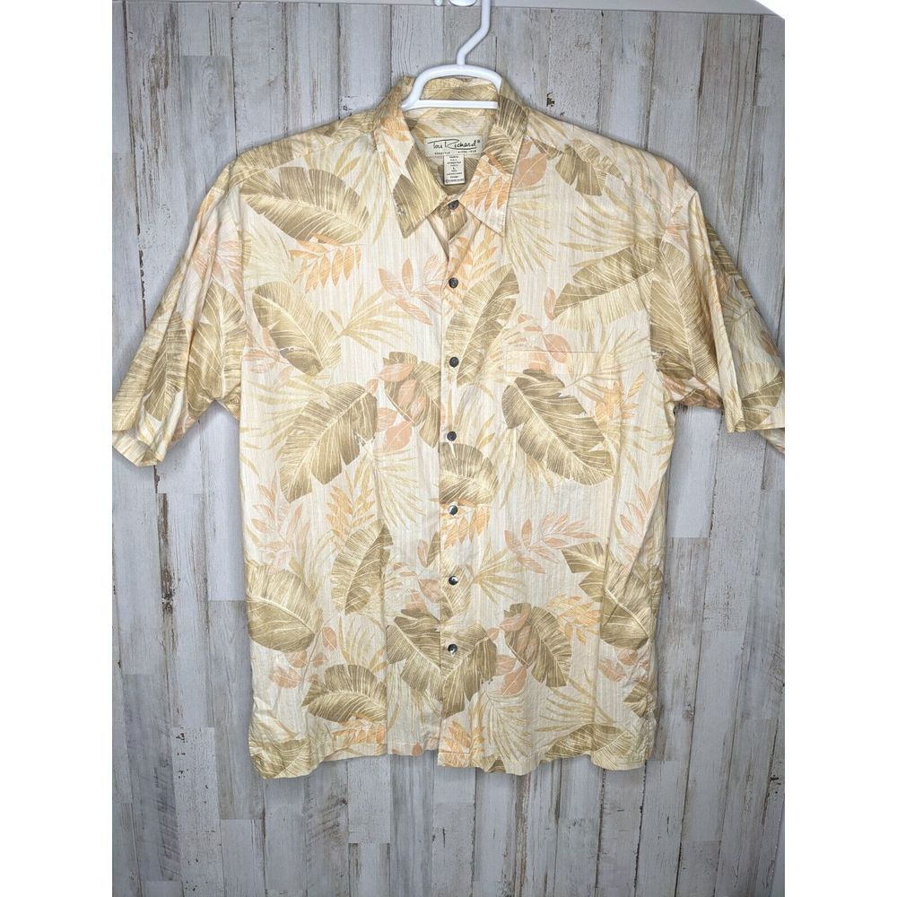 Tori Richard Large Shirt Beige Green Tropical Leaves‎ Hawaiian Aloha Lawn USA